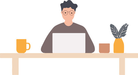 Man working on laptop at home office desk with coffee mug and plant vector illustration for work from home freelance remote worker and online business concepts