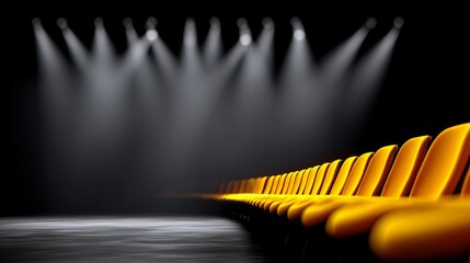 Fototapeta premium Theater stage with a row of yellow chairs. The chairs are empty and the stage is dark