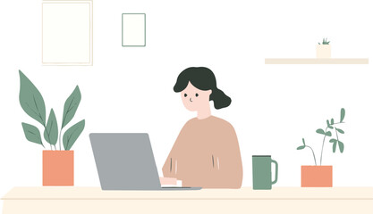 Young woman working from home office vector illustration cozy workplace freelancer working on laptop computer with plants and coffee mug on desk ideal for blog
