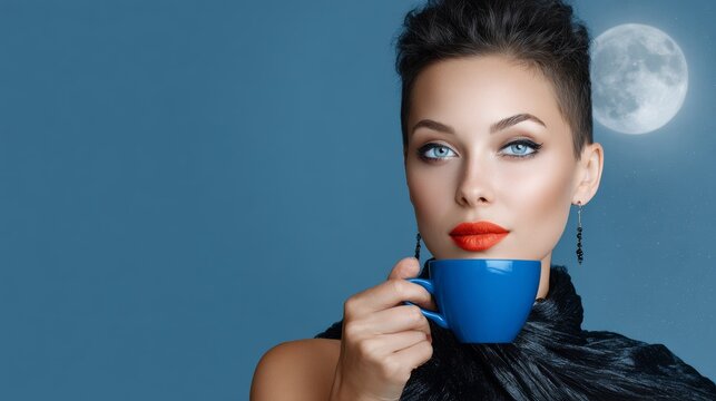 Woman is holding a blue coffee cup and looking at the moon. Concept of calm and relaxation, as the woman enjoys her coffee while gazing at the beautiful night sky