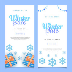 Set Vertical Beautiful Winter Sale Promotion Banner with Gift Boxes and Snowflakes