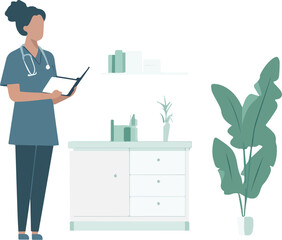 Female Doctor or Nurse Wearing Stethoscope and Holding Patient Chart in Clinic or Hospital Room Vector Illustration
