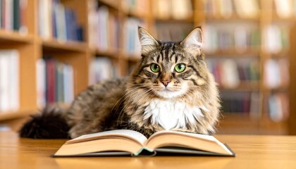 Cat reading a book in library cozy environment close-up view feline literature enthusiast