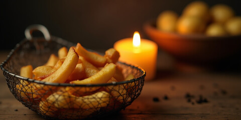 Obraz premium Golden French fries served in a wire basket with a candle