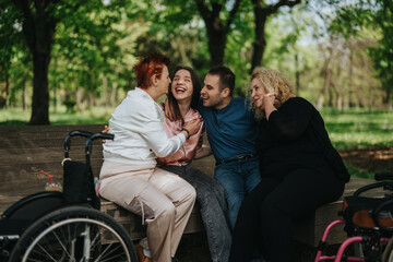 A cheerful group of people enjoying each other's company and laughing while sitting on a bench amid...