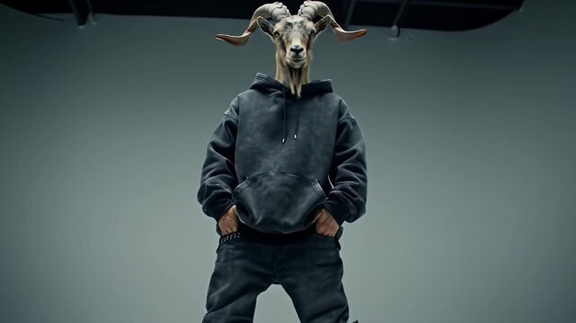 A Ram Headed Man in Dark Hoodie and Dark Jeans Stands in a Studio Setting with a Dark Grey Background
