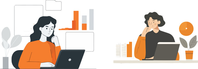 Two women working on laptops with charts and graphs vector illustration concept for business analysis data analysis market research financial planning