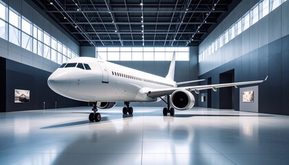 Aircraft display modern hangar aviation showcase indoor environment wide-angle view technological innovation
