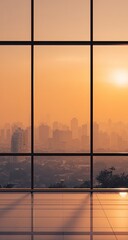 Fototapeta premium Cityscape view through large windows at sunset