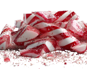 Cracked Candy Cane Pieces with Sugar Dust, Broken Holiday Sweet Concept, Isolated on Transparent Background PNG