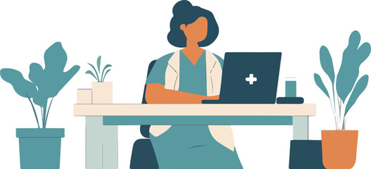 Female Doctor Working on Laptop in Clinic or Hospital Office with Plants Vector Illustration