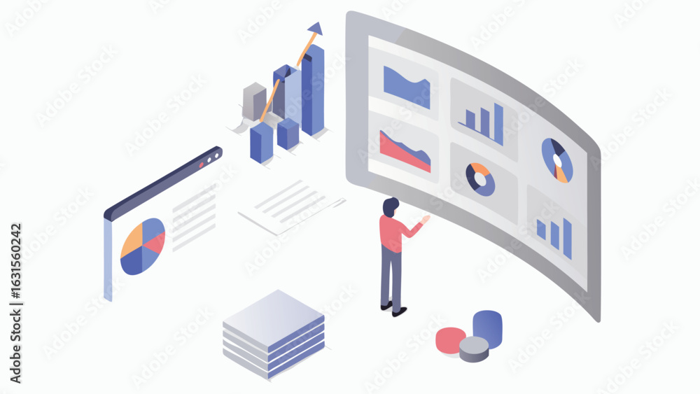 Poster isometric illustration of a person analyzing data on multiple screens and charts and graphs shown