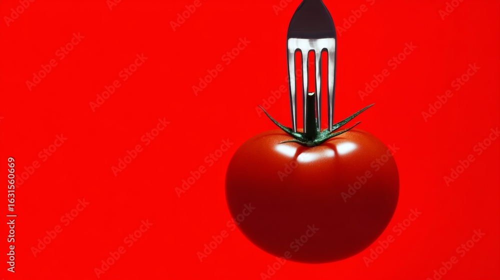 Poster fork is holding a tomato. the tomato is red and the fork is silver. the image has a playful and whim