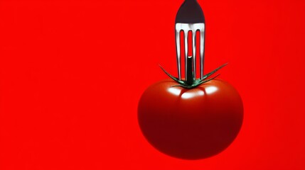 Fork is holding a tomato. The tomato is red and the fork is silver. The image has a playful and whimsical mood
