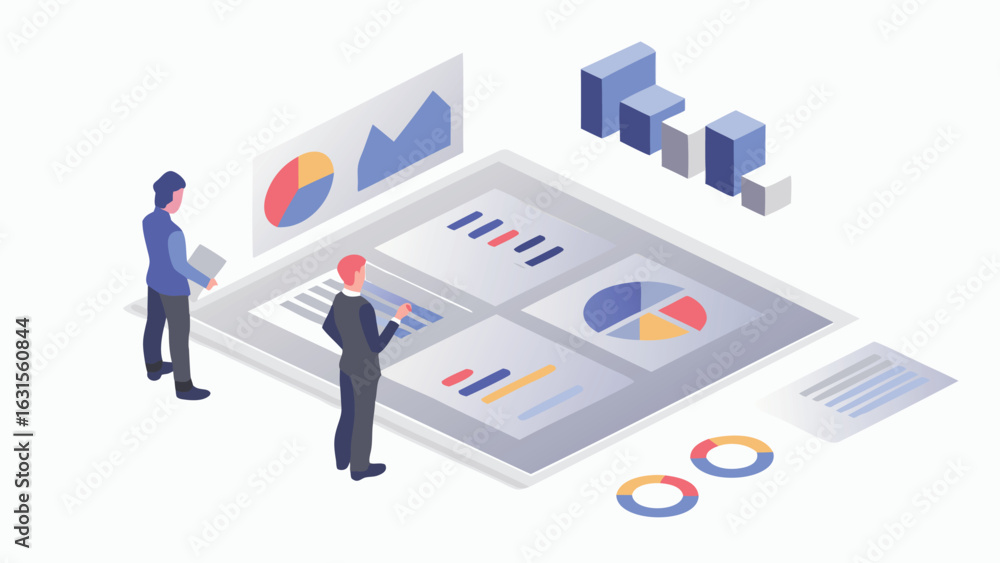 Poster isometric illustration of two people analyzing data on a large screen with charts and graphs
