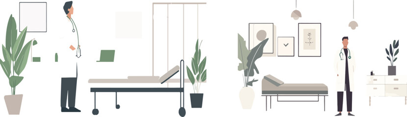 Hospital Room Interior with Doctor and Medical Equipment Vector Illustration Set