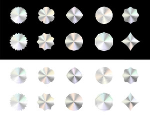 Set of holographic stickers with cone hologram, colored neon stickers. Holographic labels of different colors and shapes, vector, png. Set of signs in a frame for a logo, design.