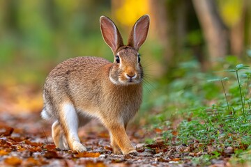 Fototapeta premium Wild rabbit exploring autumn forest floor