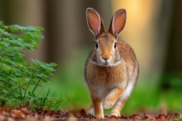Fototapeta premium Rabbit hops along a leafy forest trail