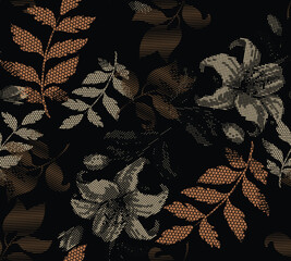 Autumn leaves seamless pattern with stripes and dot pattern. Gradient effect vector pattern with single color design.