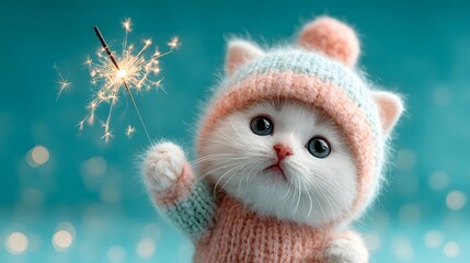 Cute White Kitten Wearing Pink and Blue Knit Hat Holding Sparkler in Festive Atmosphere