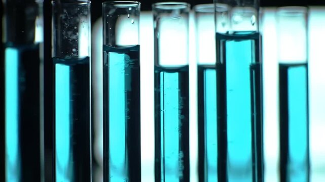 Row of Glass Test Tubes Filled with Clear Vibrant Blue Liquid in a Dark Scientific Laboratory Setting with Bright