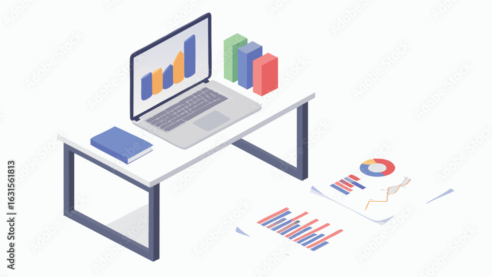 Poster isometric view of a desk with laptop showing charts and graphs with documents and books present