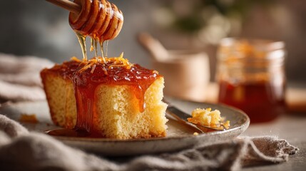 Golden Nectar Delight: A slice of moist, golden cake is drizzled with glistening, golden honey, a sweet indulgence for a sensory experience. 