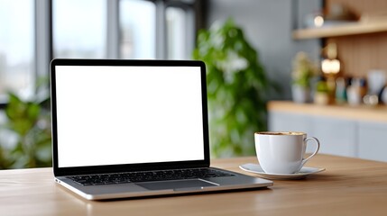 Laptop is open on a wooden table with a white coffee cup next to it. The scene is simple and uncluttered, with a focus on the laptop and the cup. Scene is calm and relaxed