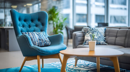 A comfortably furnished living room with a blue armchair and a gray sofa in a modern setting