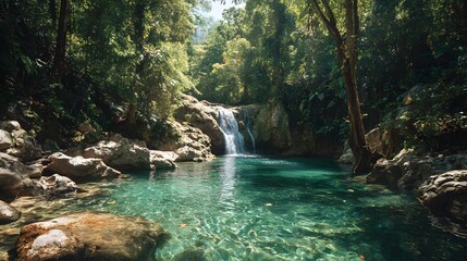 Naklejka premium Tropical Waterfall and Crystal Clear Lagoon in Rainforest 