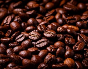 Obraz premium Rich dark roasted coffee beans pile close up macro shot jpg
