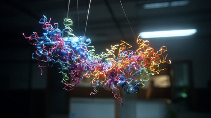 Naklejka premium Colorful protein model suspended, creates curiosity and wonder in space