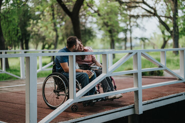 Obraz premium Romantic couple in wheelchairs, enjoying fresh air and nature, showcasing inclusion