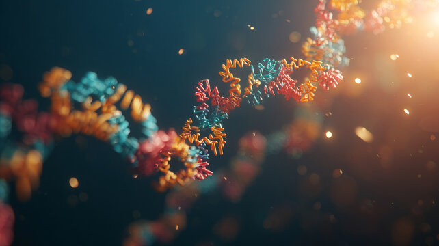 Colorful protein model floats in space, appearing abstract and complex