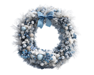 Frosted Snowy Christmas Wreath with Icy Blue Accents and Silver Ornaments, Side Angle View, Isolated on Transparent Background PNG