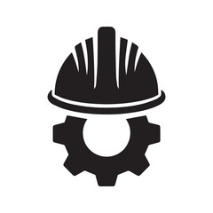 Industrial engineering icon. Hard hat and gear symbol for construction and manufacturing. Vector logo.
