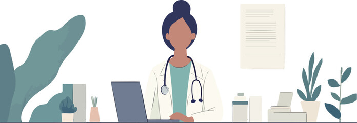 Female Doctor Working on Laptop in Clinic or Hospital Room vector illustration