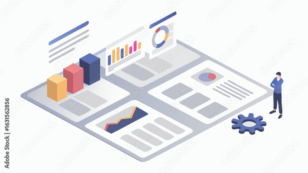 Poster isometric view of two developers discussing code on laptop and desktop screens with gear icons near 