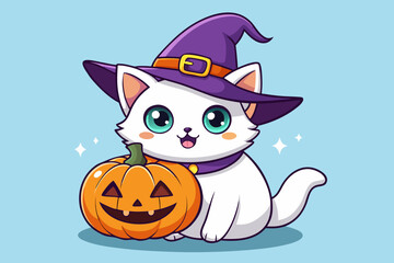 Cute cartoon cat wearing a witch hat with a pumpkin on halloween day
