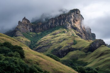 Obraz premium Majestic Mountain Peaks Shrouded in Overcast Sky