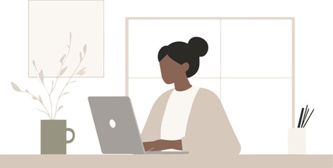 Young Black Woman Working on Laptop at Home Office Desk with Plants and Mug Vector Illustration