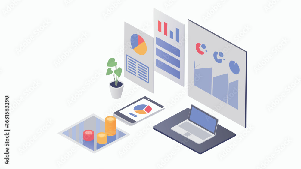 Poster isometric illustration of data analysis with laptop tablet and charts showing business performance d