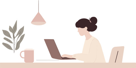 Young Woman Working on Laptop at Home Office with Coffee and Plant Vector Illustration in Pastel Colors