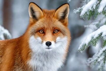 Fototapeta premium Red fox standing in snowy forest during winter