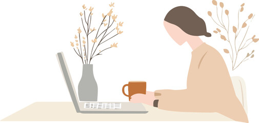 Woman working on laptop with coffee and flowers vector illustration in neutral tones perfect for social media posts website design or blog illustrations