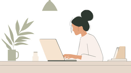 Woman working on laptop at home office desk with plant, mug, and books vector illustration in trendy minimalist style perfect for social media posts, blog,