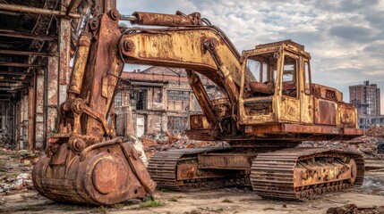 Fototapeta premium Weathered Excavation Machine at a Deserted Factory: A Display of Rust and Heavy Engineering Power