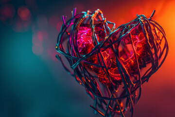 Abstract heart sculpture with tangled wires and glowing interior. Valentine's theme, romantic decor, creative art piece.