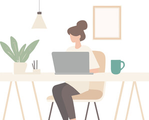 Woman working on laptop at home office vector illustration with plant mug and lamp cozy workplace freelance job online business education and learning concept
